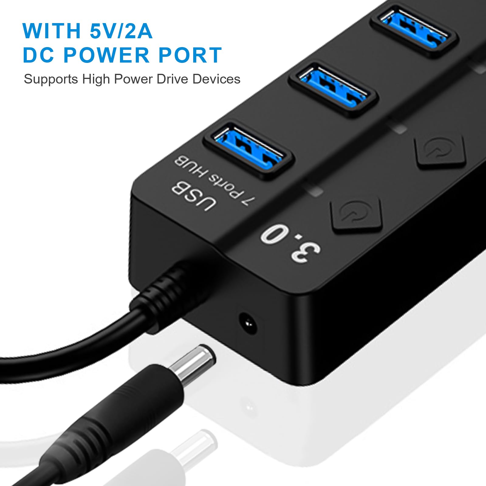 HORJOR Hub USB 3.0 7 Ports avec Interrupteur Séparé et LED, Alimenté Adaptateur Transfert Données Charge Rapide