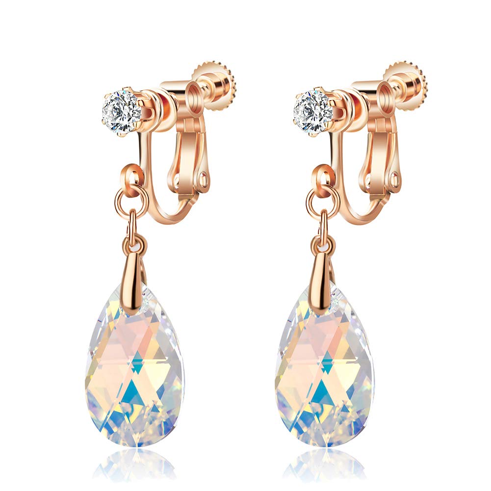 EVEVIC Teardrop Austrian Crystal Drop Clip On Earrings