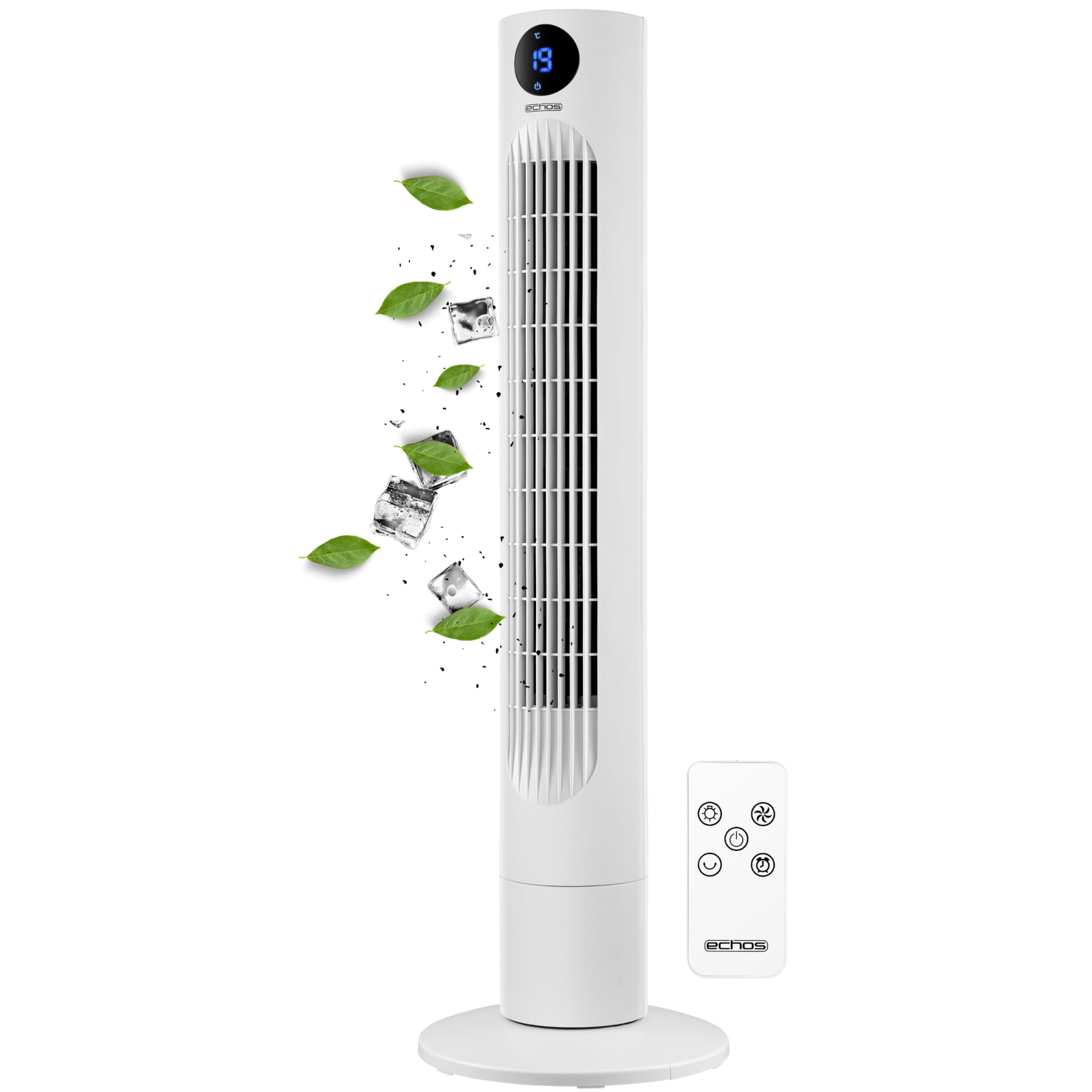 Echos Turmventilator | Ventilator sehr leise | Fernbedienung | Oszillierend | LED-Display | 3 Stufen | Tower Fan | Säulenventilator | Standventilator | Tower-Ventilator | Luftkühler | 12h Timer