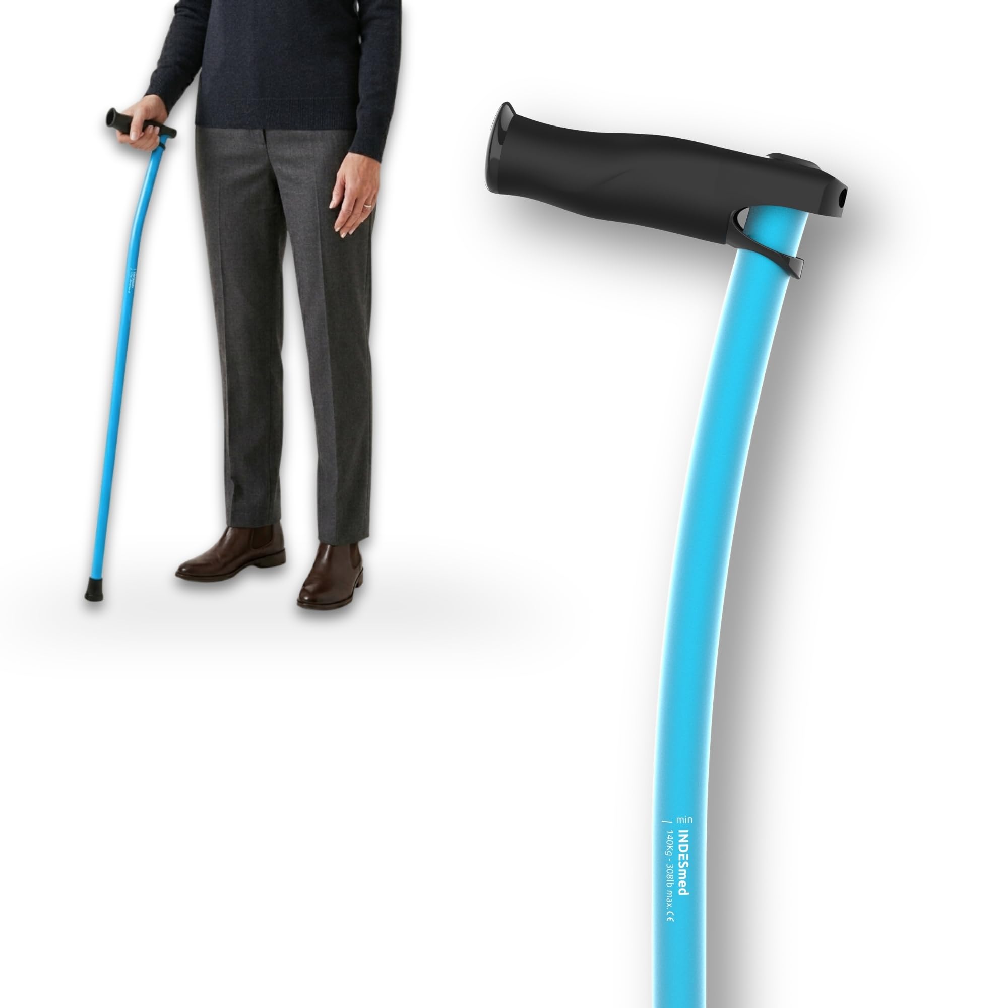 Bastone da Passeggio 100% Alluminio Aerospaziale Ergonomico e Leggero | Impugnatura Ergonomica Antitendinite, Impugnatura Regolabile, Design Elegante, Uomo e Donna, per Anziani | INDESmed