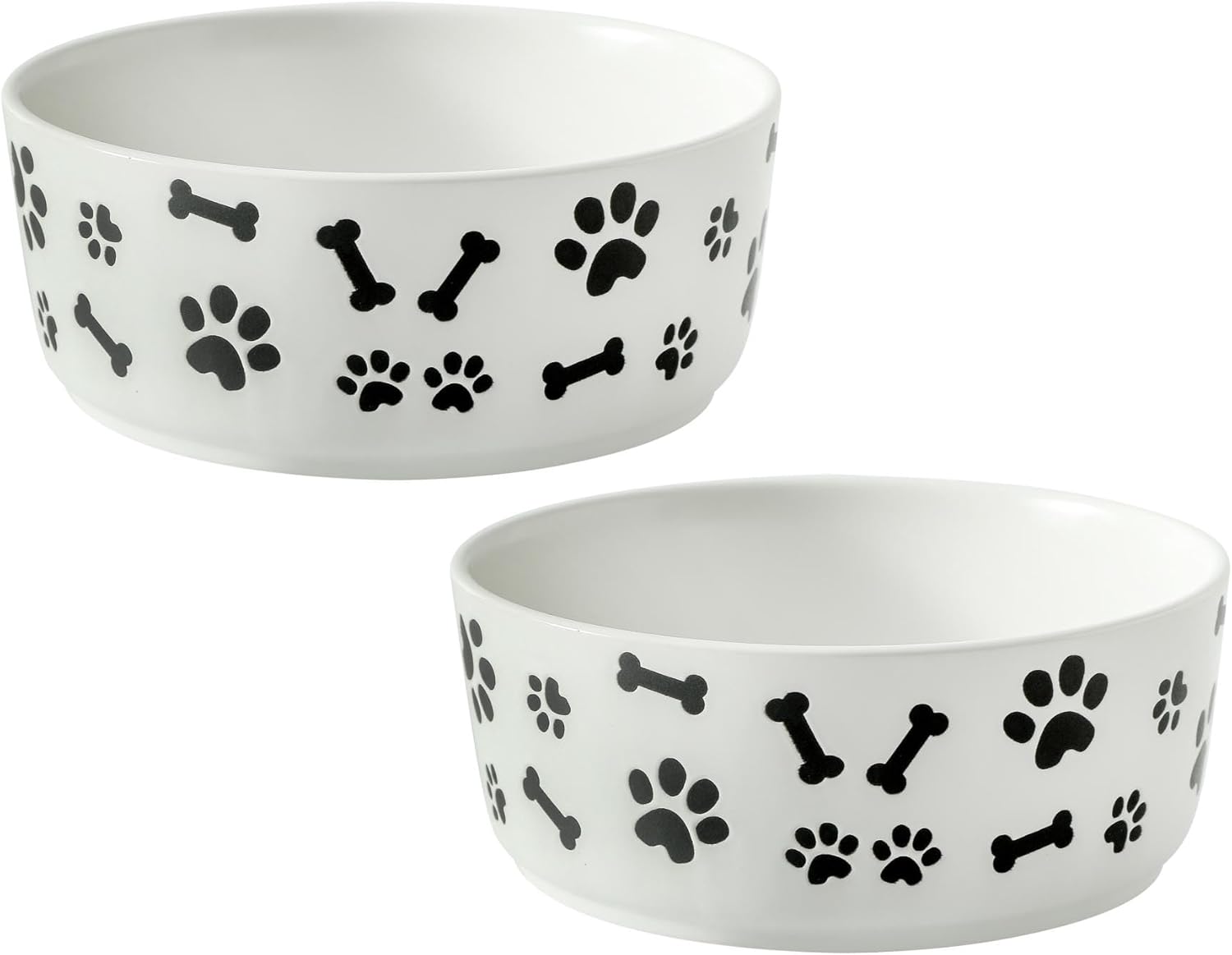 UBEE Ceramic Dog Bowl Set of 2, 5.5 inch Dog Food Bowl Dish with Bone Paw Pattern, Pet Food Water Dish Feeding Plates for Small Dogs, Puppy and Cat, White