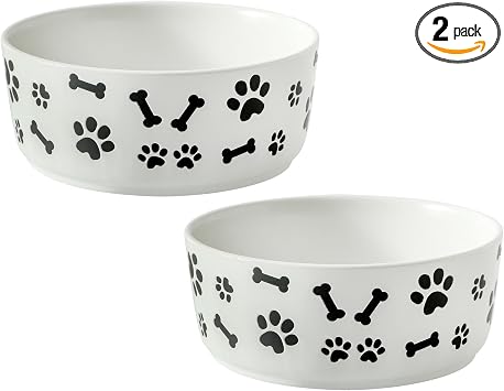 UBEE Ceramic Dog Bowl Set of 2, 5.5 inch Dog Food Bowl Dish with Bone Paw Pattern, Pet Food Water Dish Feeding Plates for Small Dogs, Puppy and Cat, White