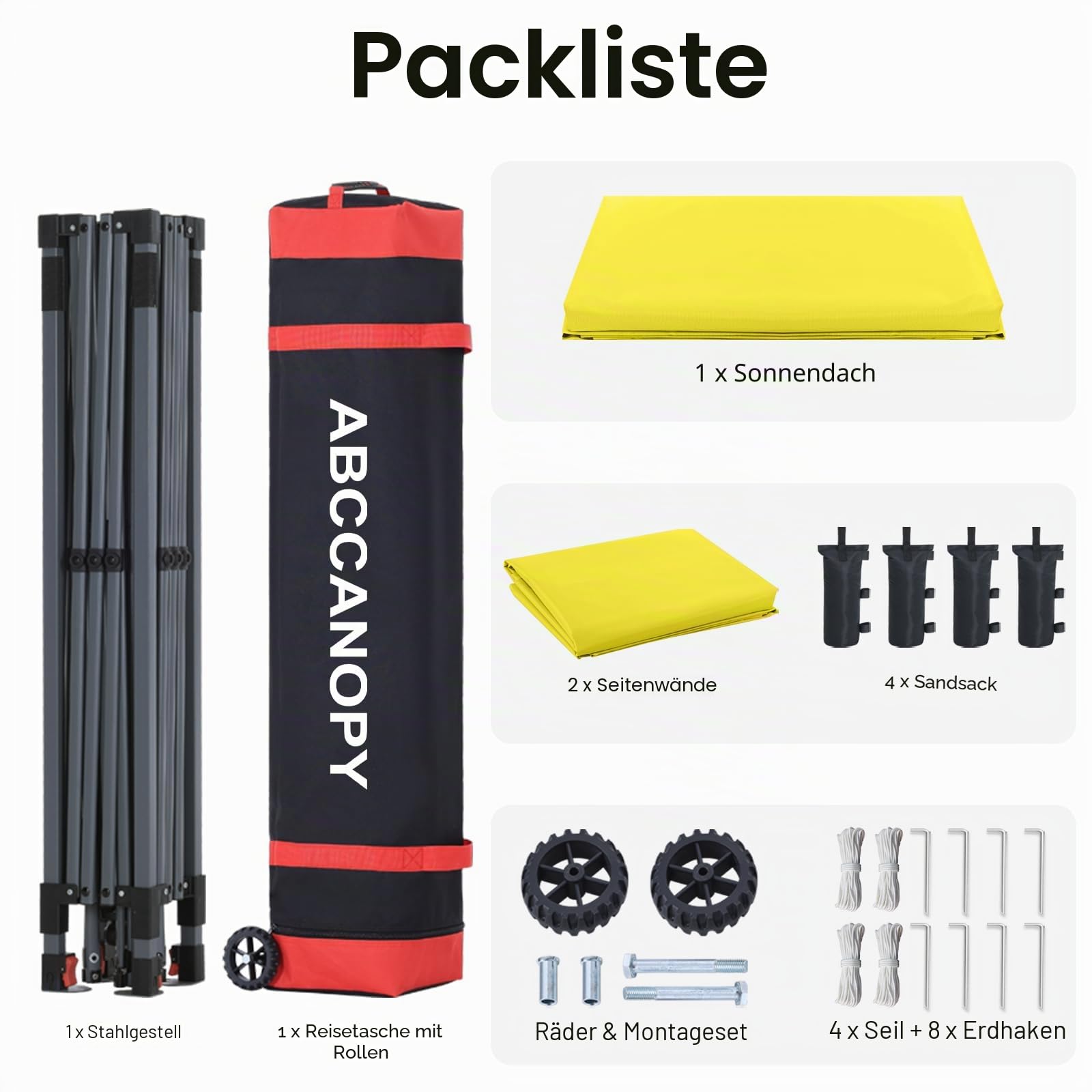 ABCCANOPY Faltpavillon UV50+ mit 2 Seitenwänden, Gelb 300 cm | 500D Polyester,wasserdicht, 4 Sandsäcke & Rolltragetasche – für Garten & Camping