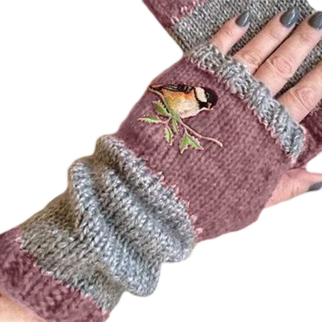 Wrist Warmers, Women Winter Knitted Fingerless Gloves Bird Embroidered Color Block Splice Half - Image 6