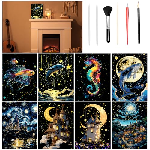 VLYX Kratzkunst für Erwachsene und Kinder, 8-teiliges leuchtendes...