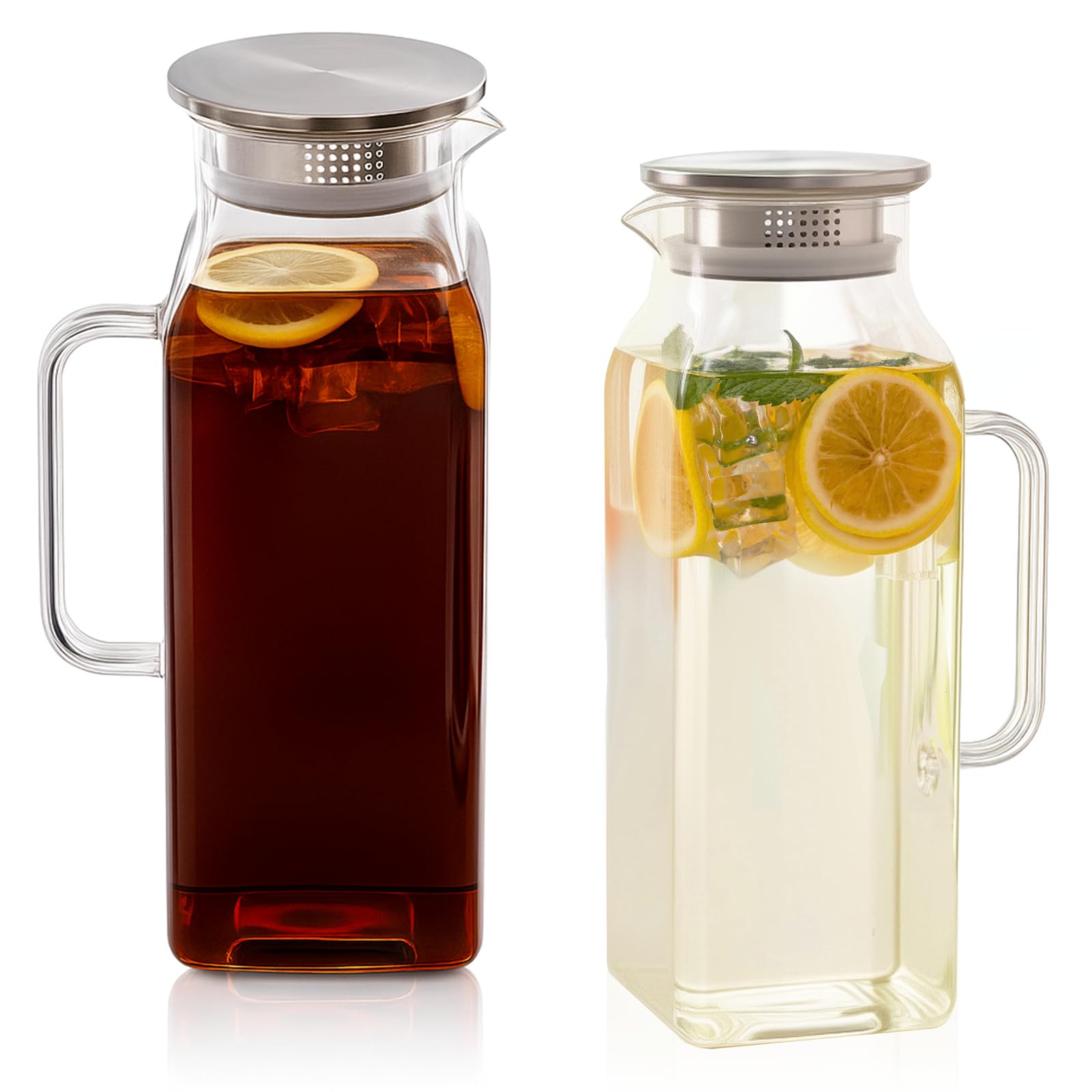 Lot de 2 pichets en verre avec couvercle et bec verseur, 2 litres