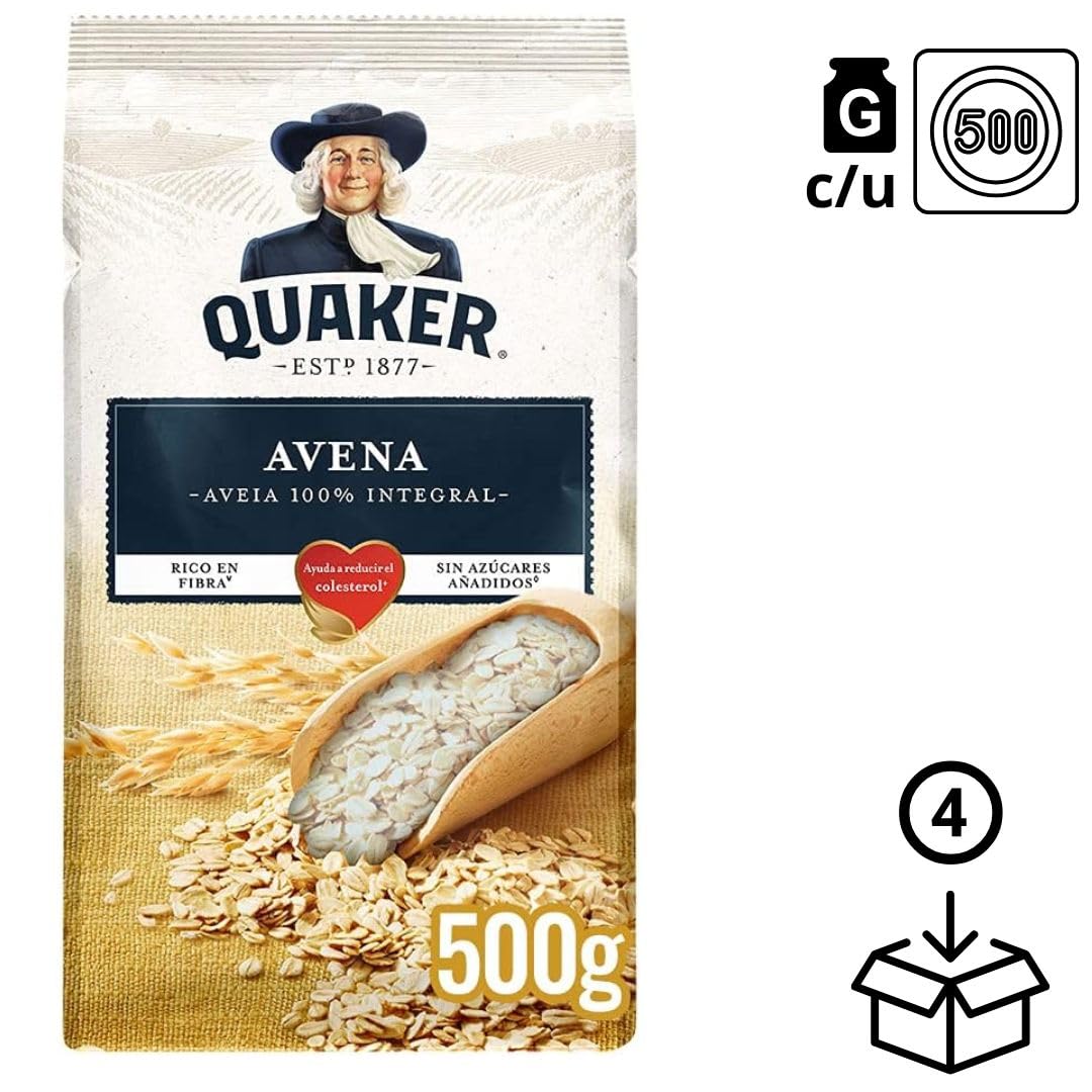 Quaker Avena en Hojuelas 100% Natural – Pack 4 x 500 g (2 kg) | Avena Integral para Desayunos Saludables, Fitness y Recetas Caseras