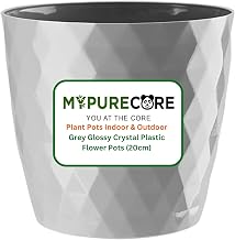 MYPURECORE Plant Pots Indoor 20cm – Stylish Decorative Plastic Flower Pot with Glossy Crystal Surface – Durable Indoor & Outdoor Planter for House Plants, Herbs (Grey, 20 cm)