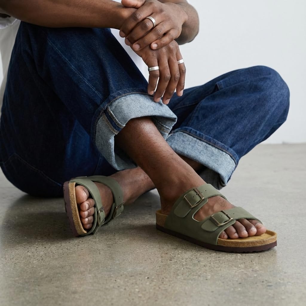 CUSHIONAIRE Lane Cork Footbed Mens Sandals, Adjustable Buckle Comfort Slides for Men, Genuine Leather Insole Summer Sandals Men Footwear