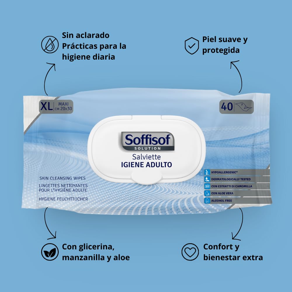 Soffisof Toallitas Humedas XL - 480x Toallitas Húmedas para la Higiene Limpieza Corporal de Adultos - Adultos, Ancianos, Discapacitados, Enfermos - 480 Toallitas Ancianos, 12 Paquetes