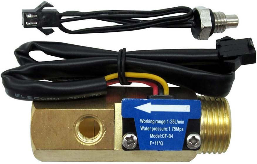Water Flow Sensor G1/2"Thread Female to Male, Hall Sensor Flow Meter Flowmeter Counter with Temperature Sensor 1-25L/min