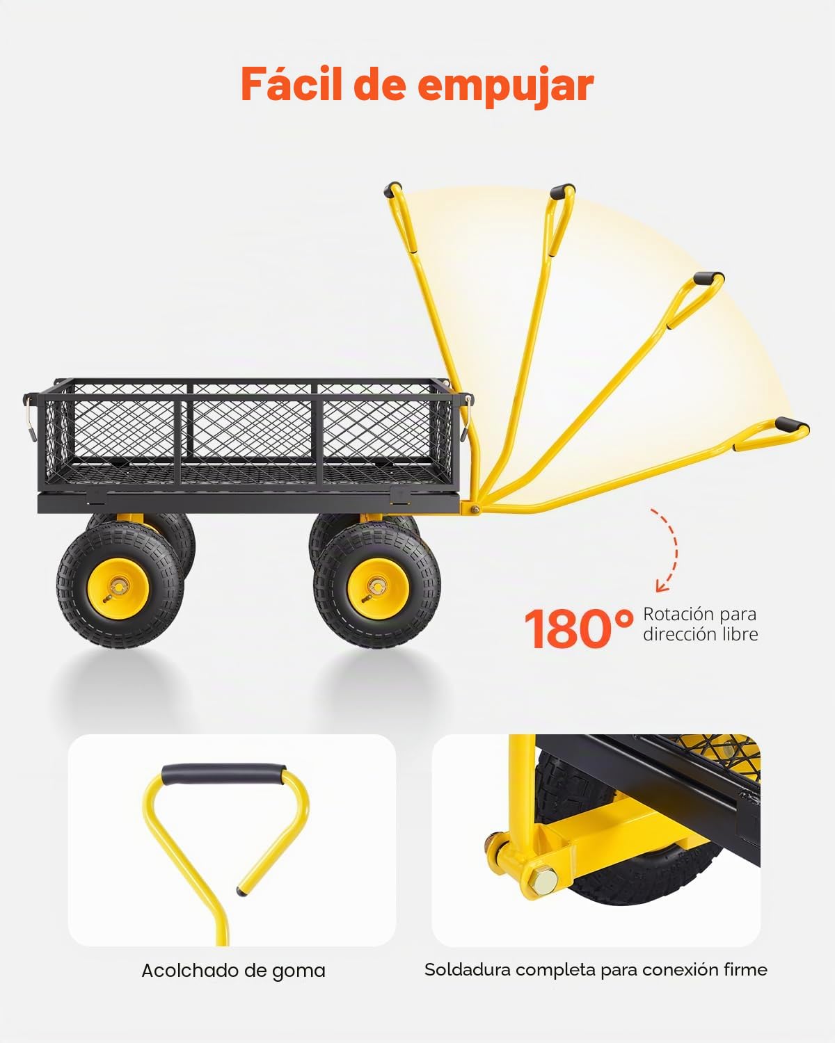 VEVOR Carrito Resistente de Jardín de Acero de 1700 x 480 x 515 mm con Neumáticos de 10", Laterales de Malla Extraíbles y Manija Giratoria de 180°, Capacidad de Carga de 226,80 kg, Amarillo y Negro