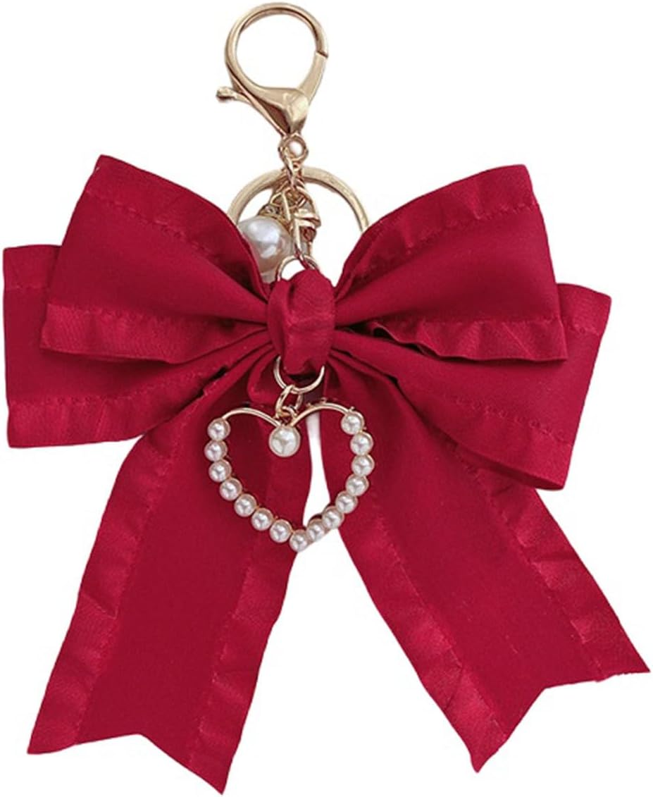 Ribbon Bowknot Bag Charms, Cute Pearl Heart Keyring Holder Purse Hanging Decorations Bag Handbag Pendant