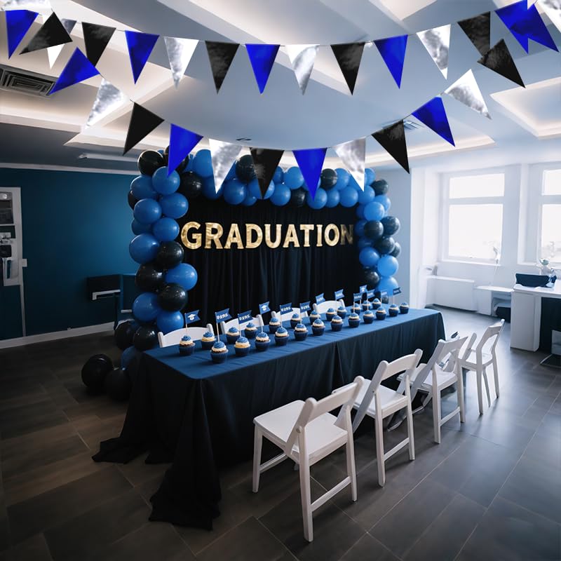 Image of Blue Black Silver Hanging Triangle Flag Pennant Garland Blue Black Silver Hanging Paper Pennant Streamer Paper Triangle Flag Banner for Graduation Birthday Party Decorations 30 Feet
