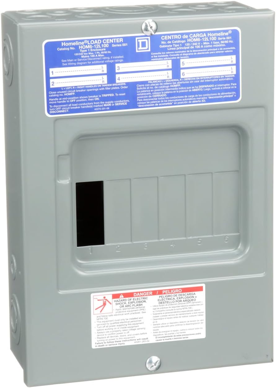 Square D by Schneider Electric Square D - HOM612L100SCP Homeline Load Center with Cover, 100-Amp Fixed Main Lugs, 1-Phase, 6-Space, 12-Circuit, Indoor