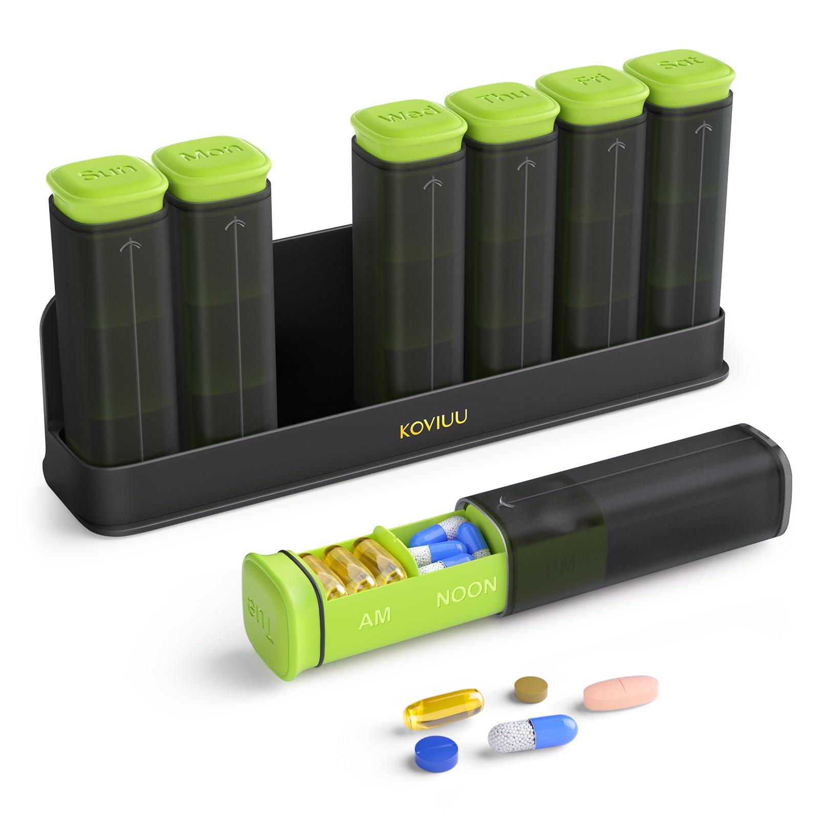 KOVIUU Pilulier hebdomadaire 3 fois par jour, amovible, 7 jours, grand pilulier quotidien pour 3 fois, pilulier de voyage, distributeur de médicaments hebdomadaires pour supplément de vitamines, vert