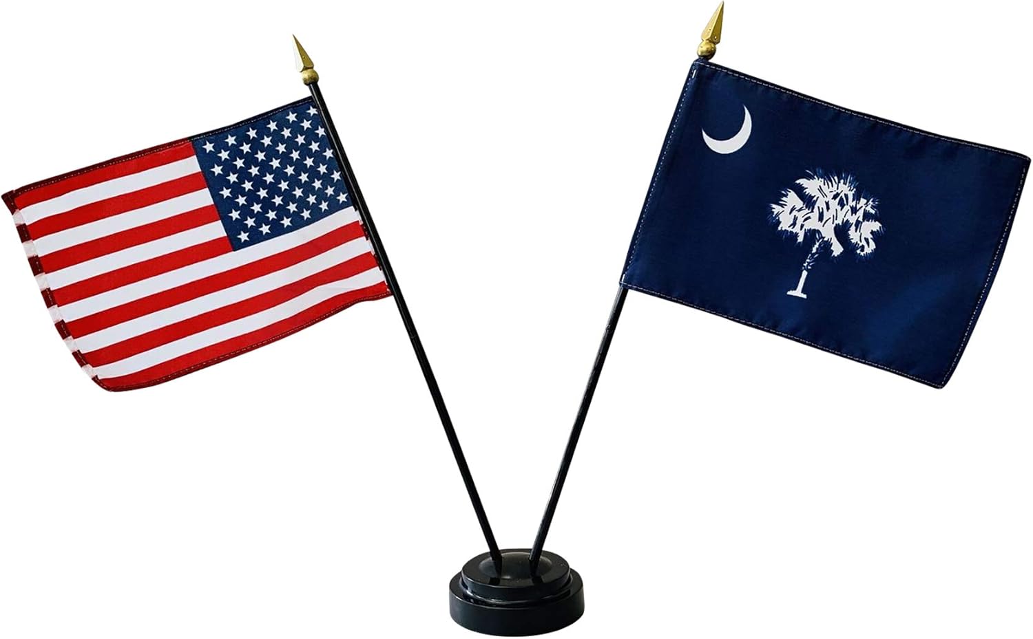 Set of 3 4x6" E-Gloss South Carolina Stick Flag w/U.S. Stick Flag & 2 Flag Plastic Table Base - Made in the USA