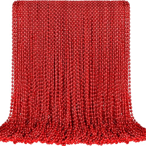 100 PCS Red Mardi Gras Beads, Red Oval Beads Necklaces Christmas Necklaces 30.5" Metallic Beaded Costume Necklaces Party Necklaces for Valentines Christmas Parade Throws Wedding Birthday Party Favors