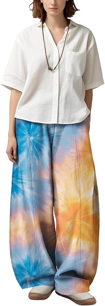 Zaswen Womens High Waist Loose Fit Vacation Lounge Trousers Wide Leg Palazzo Pants Dressy Casual Tie Dye Pants with Pockets