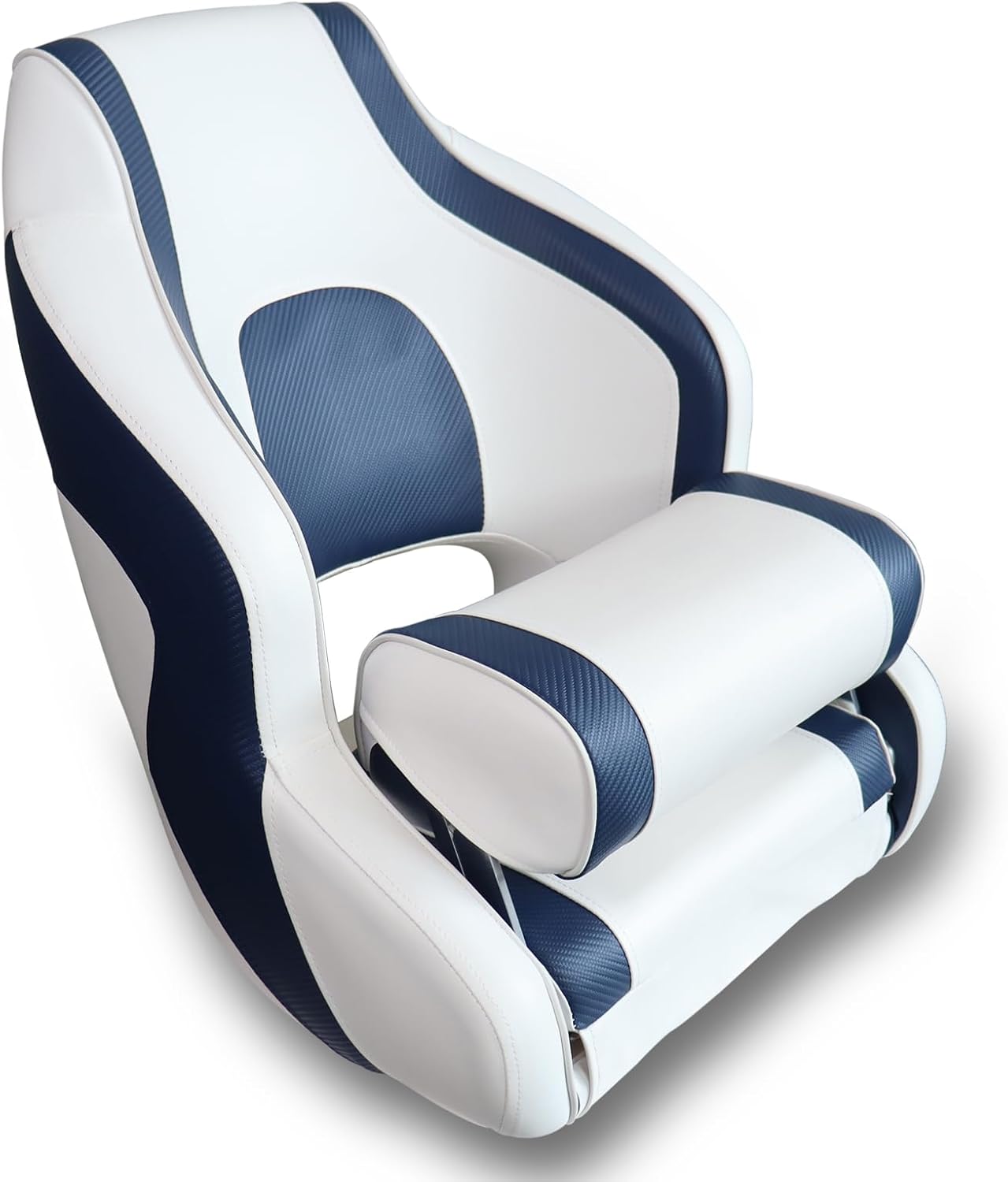 Captain Bucket Boat Seat with Flip Up Bolster, Premium Boat Chair with Aluminum Hinges, High-Density Foam Padding, UV Resistant, Stainless Steel Screws (White/Blue)