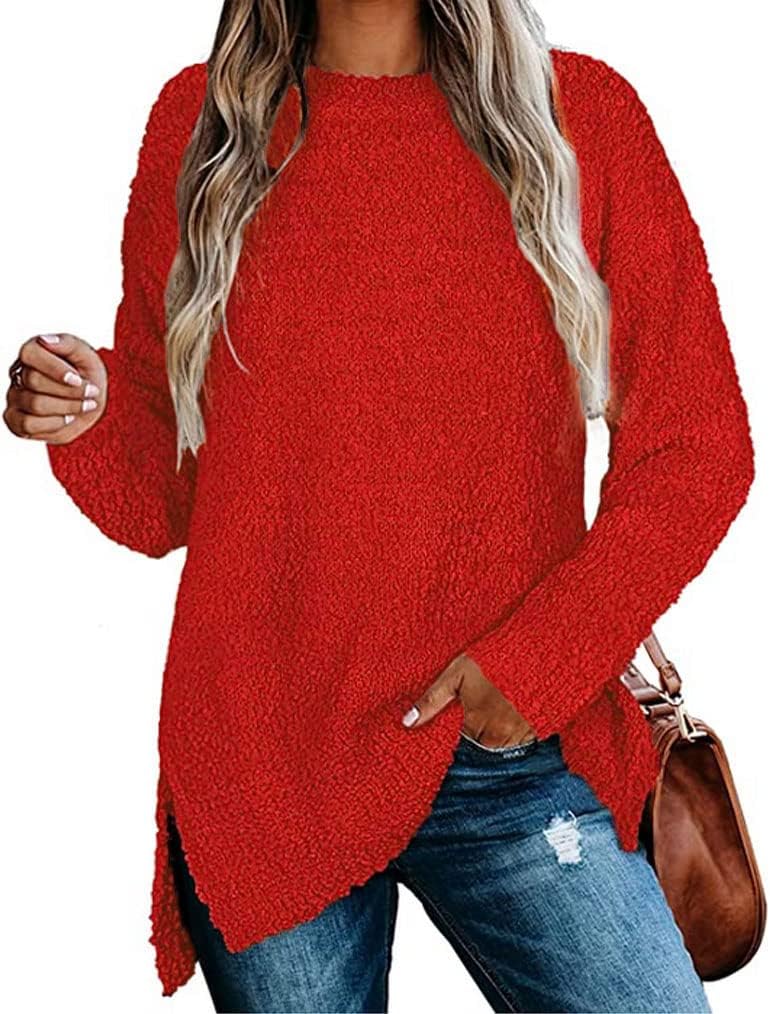 Qearal Women's Long Sleeve Fuzzy Knitted Sweater Popcorn Side Split Loose Pullover Tops