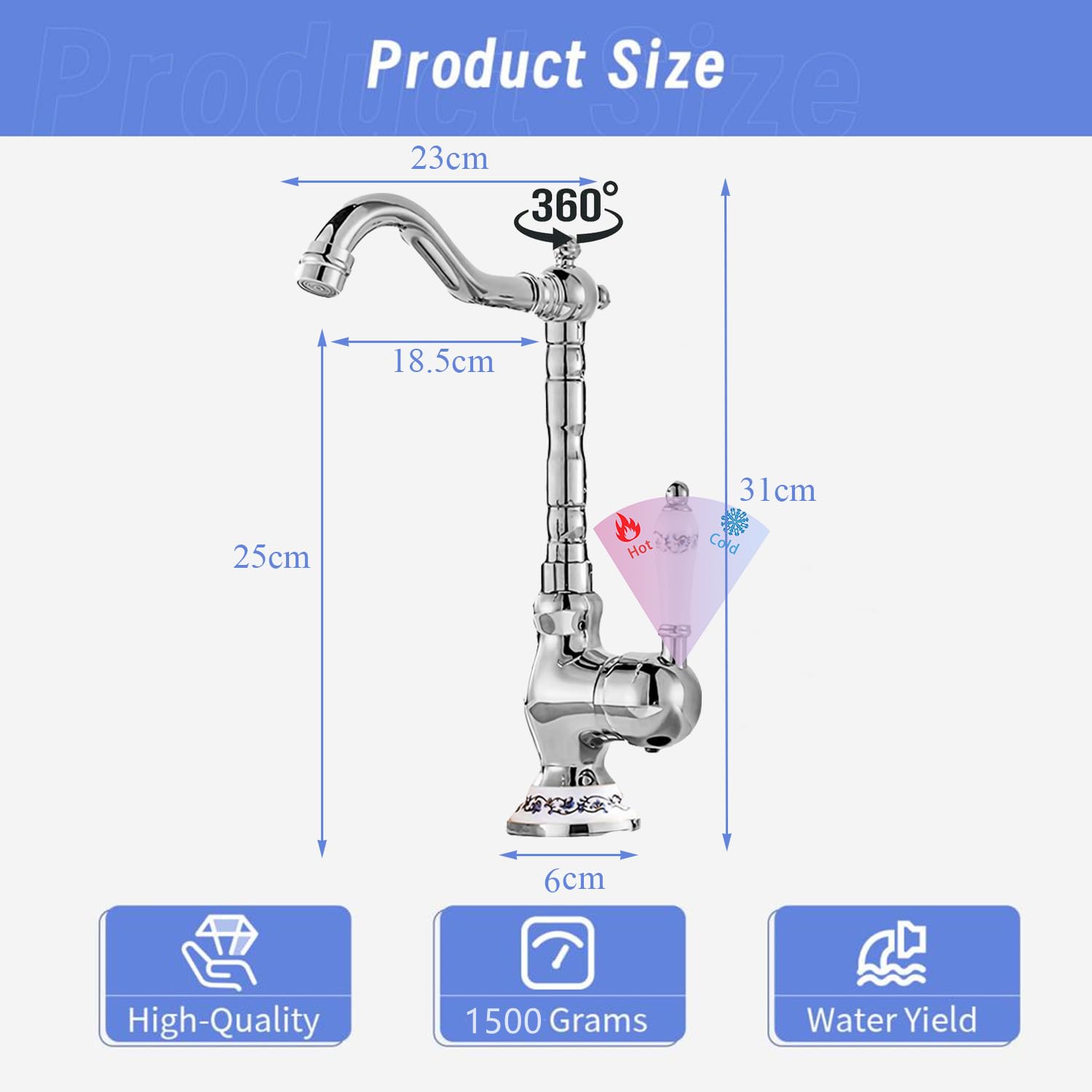 Grifo de cocina retro cromado Grifería de lavabo de latón Mezclador monomando para fregadero de cocina Giratorio 360° Grifo de baño vintage con manija de cerámica