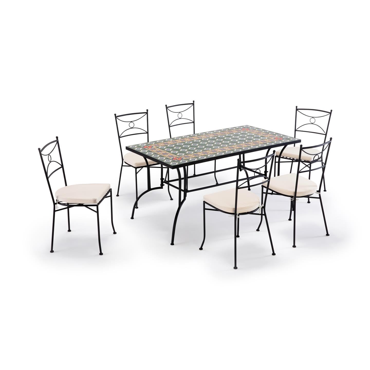 Gruppo Maruccia - Tavolo e Sedie da Giardino con Mosaico Artigianale in Ceramica - 1 Tavolo Rettangolare - 6 Sedie con Cuscini