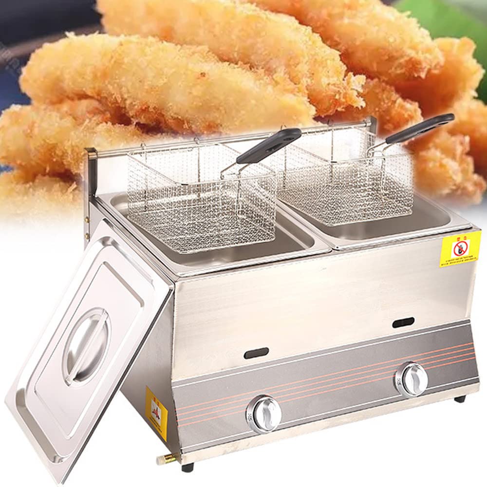 UMJIGF Stainless Steel LPG Fryer, Home and Commercial Countertop Gas Fryer with Temperature Control and Removable Oil Basket,