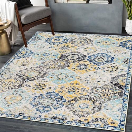 RUGMRZ Alfombra Suelo Escritorio Modernos para Sala Alfombras Alfombra de área de Esquema de Color Amarillo Azul fácil Cuidado Lavable Alfombras Pie De Cama 200X250CM