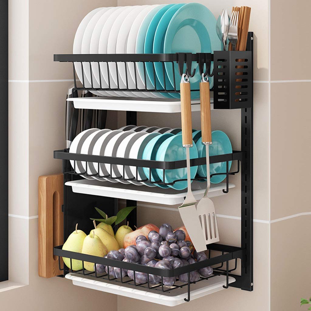 Scolapiatti da parete in acciaio inox con vassoio di scarico, porta coltelli e bacchette, colore nero, 555 x 265 x 362 cm