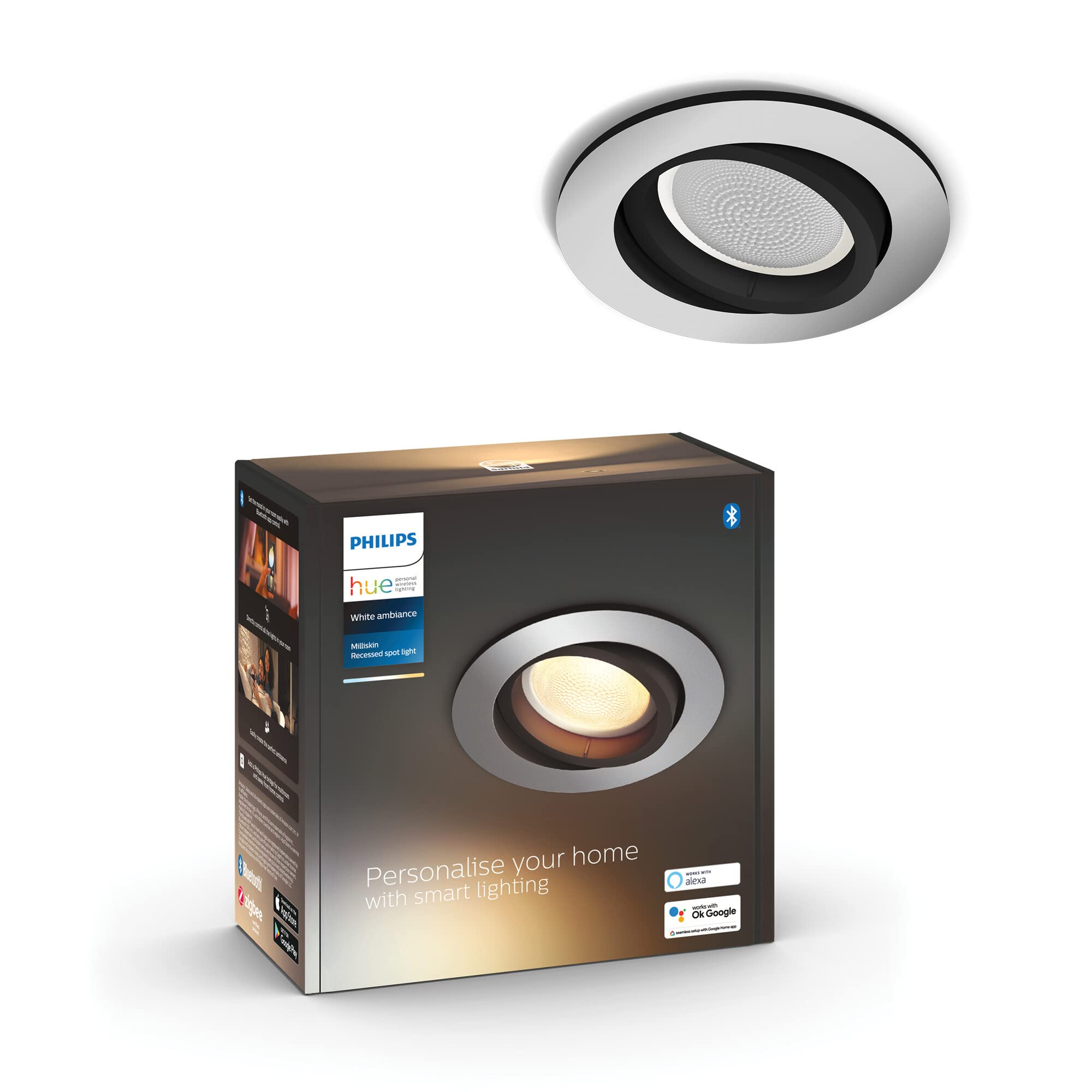 Philips Hue – Lámpara inteligente, Hue Milliskin, Foco Empotrable LED Inteligente, Luz Blanca de Cálida a Fría, Compatible con Alexa y Google Home, Color Aluminio