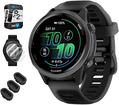 Garmin 010-02970-00 Forerunner 570-42mm GPS Smartwatch Aluminum and Black Band Bundle with Deco Essentials Silicone Dust Cover 3 Pack, Screen Protector 2-Pack and 2 YR CPS Enhanced Protection Pack