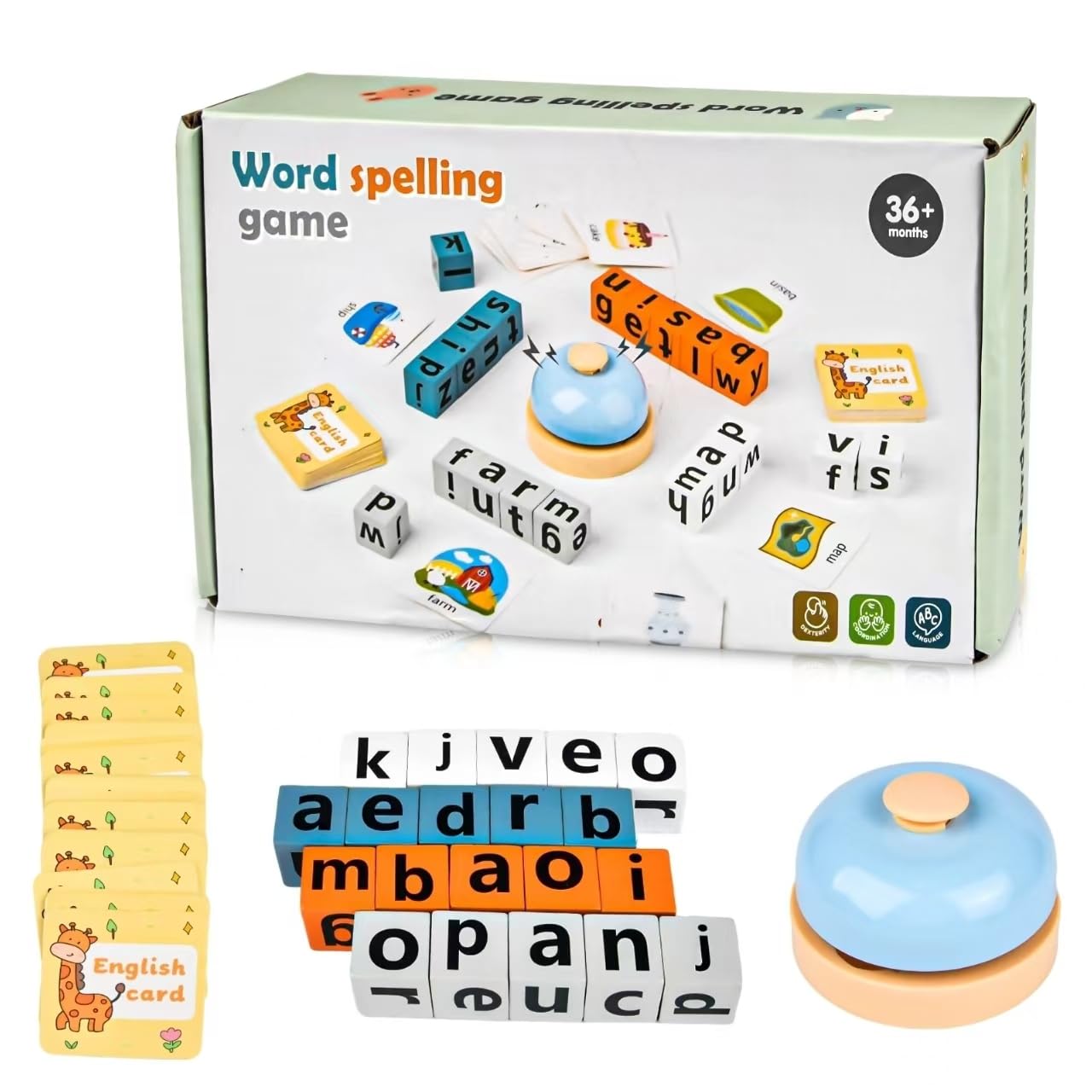 Word Spelling Game, Alphabet Puzzle Set, Wooden Turn A Word Game With Bell, Educational Word Games With 64 Flash Cards & 20 Wooden Alphabet Blocks, Match and Spell Game for Toddlers Kids