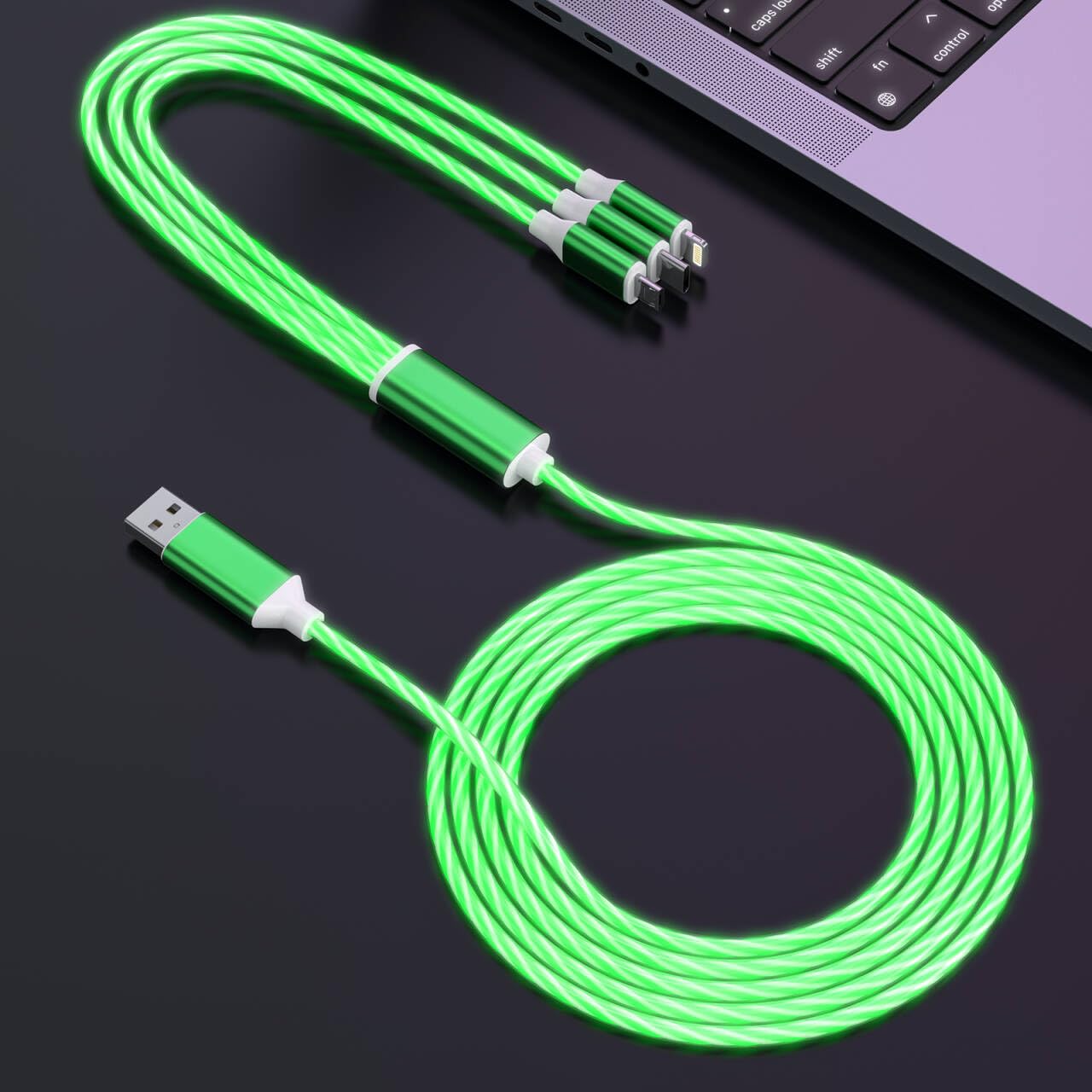 Cable de carga 3 en 1 para iPhone y Galaxy con iluminación LED verde 8
