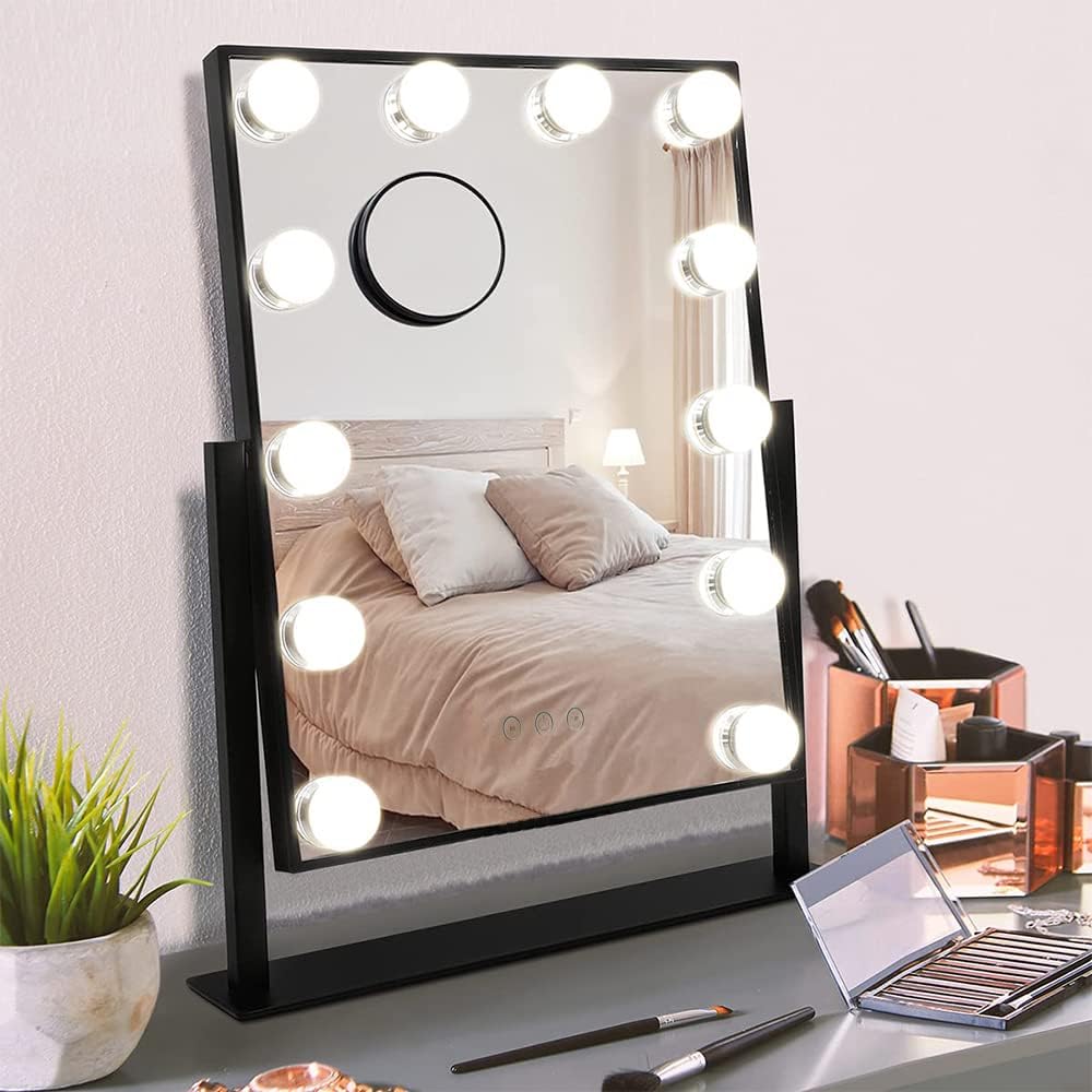 Hansong Black Vanity Mirror Makeup Mirror with Lights 12 Dimmable LED Bulbs Lighted Makeup Mirror Touch Screen Control 10X Magnification Black-12 Bulbs