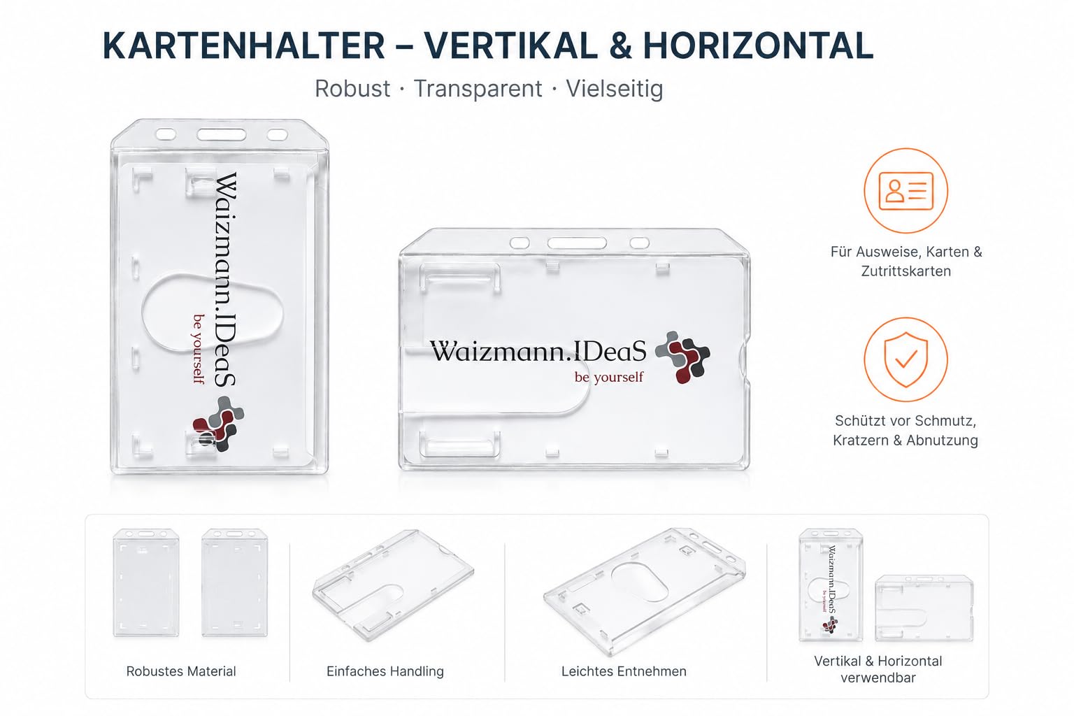 50x Kartenhalter Ausweishülle Ausweishalter Hartplastik Polycarbonat Namensschild Daumenschub VERTIKAL