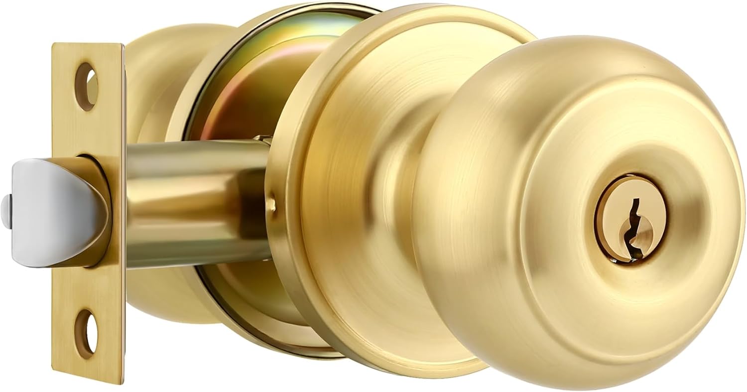 Karlstone 1 Pack Gold Ball Door Knob, Satin Brass Round Front Door Handle Gold Entry Door Lock for Right or Left Handed Doors
