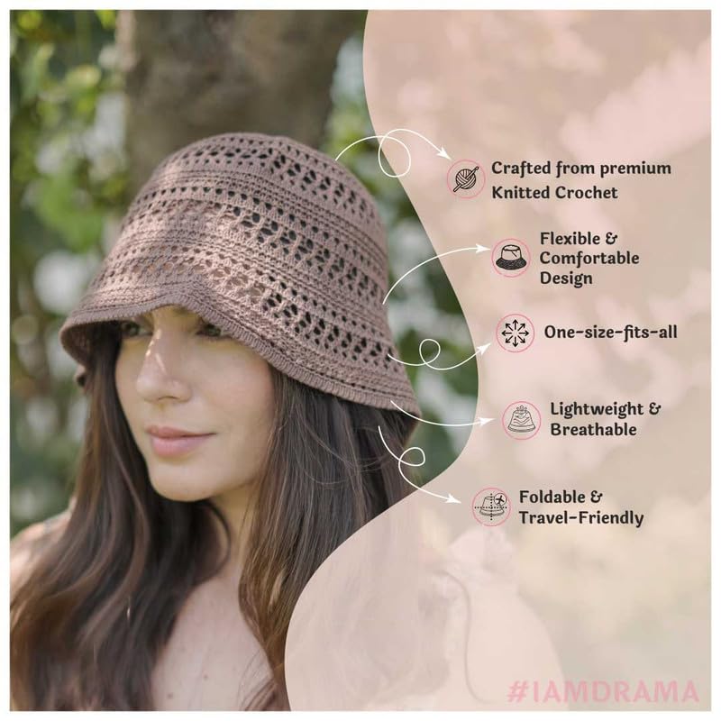 Image of Hair Drama Co. Crochet Bucket Hat for Women | Comfy & Casual Knit Handmade Foldable Floppy Hat | Summer Crochet Bucket Cap for Women & Girls