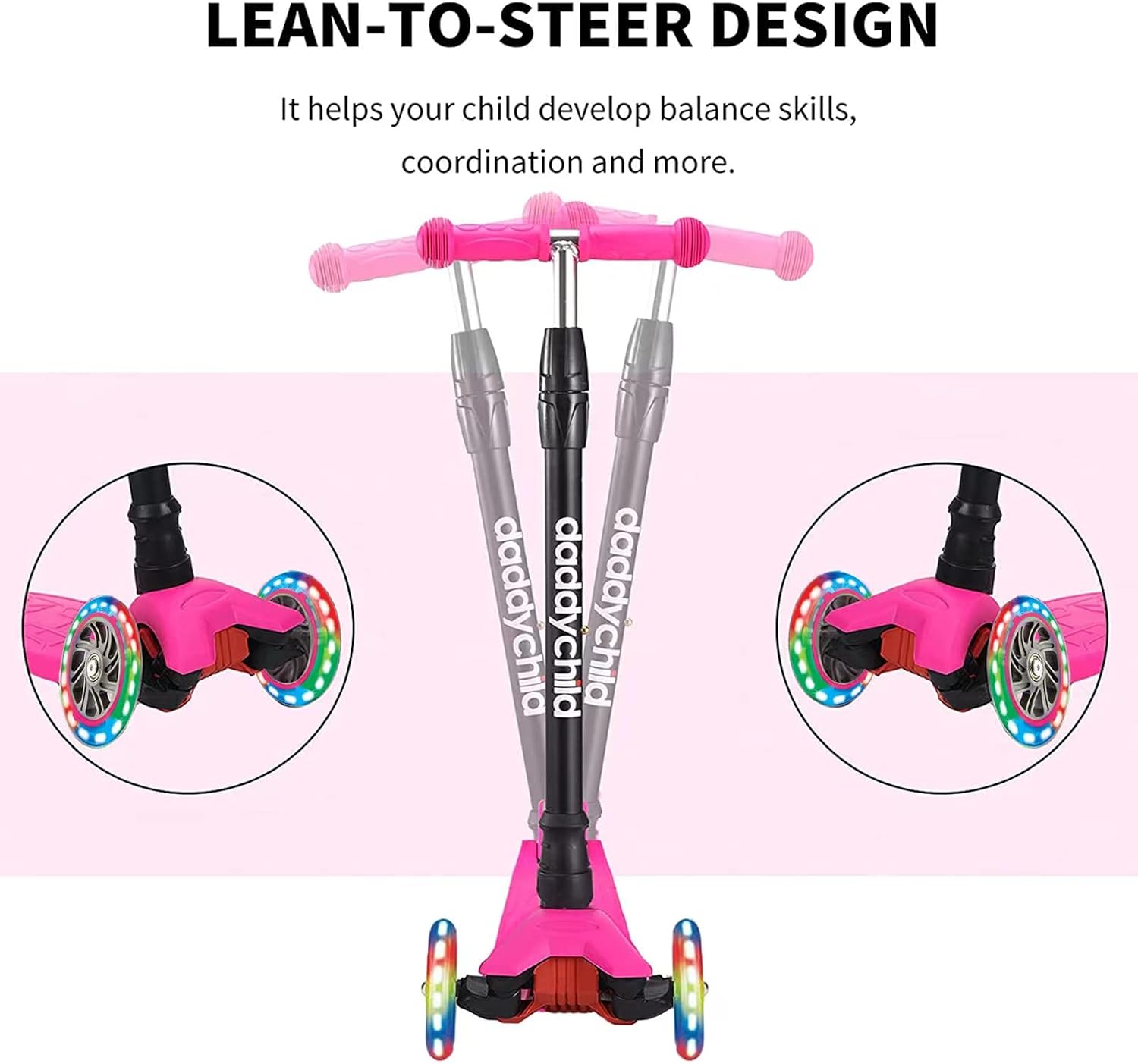 Scooters for Kids 3 Wheel Kick Scooter for Toddlers Girls & Boys, 4 Adjustable Height, Lean to Steer, Extra-Wide Deck, Light Up Wheels for Children from 3 to 14 Years Old
