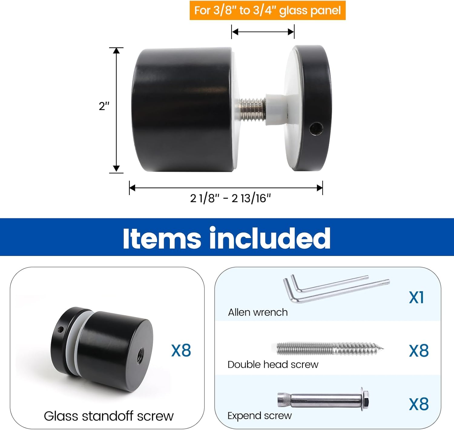 Muzata 8Pack 2'' Black Glass Railing Standoff Heavy Duty Glass Standoff Screws Pin for Balcony Stair Balustrade Railing Side Mount GA07 SL4