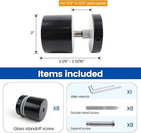 Muzata 8Pack 2'' Black Glass Railing Standoff Heavy Duty Glass Standoff Screws Pin for Balcony Stair Balustrade Railing Side Mount GA07 SL4