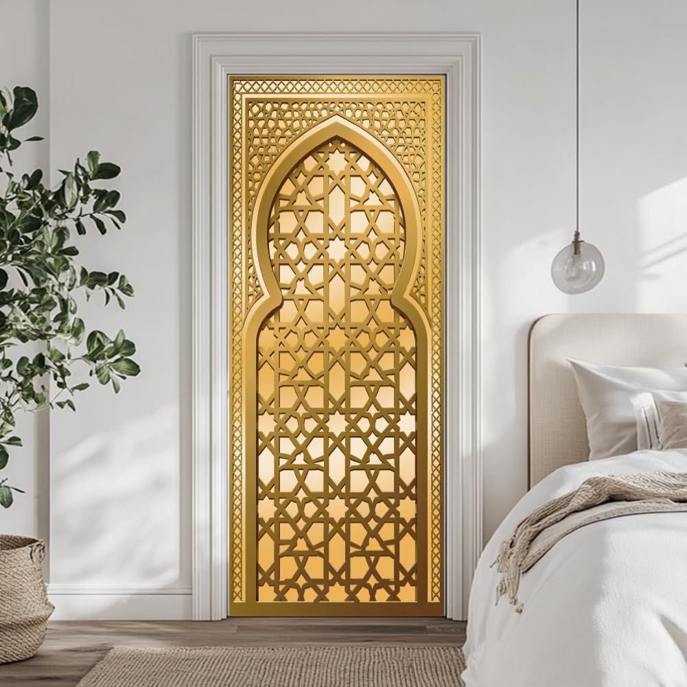 arricraft 2 calcomanías autoadhesivas para puerta, 31.5 x 78.7 pulgadas, elegantes murales de puerta con textura de celosía dorada, calcomanías de PVC extraíbles para decoración de dormitorios y sala