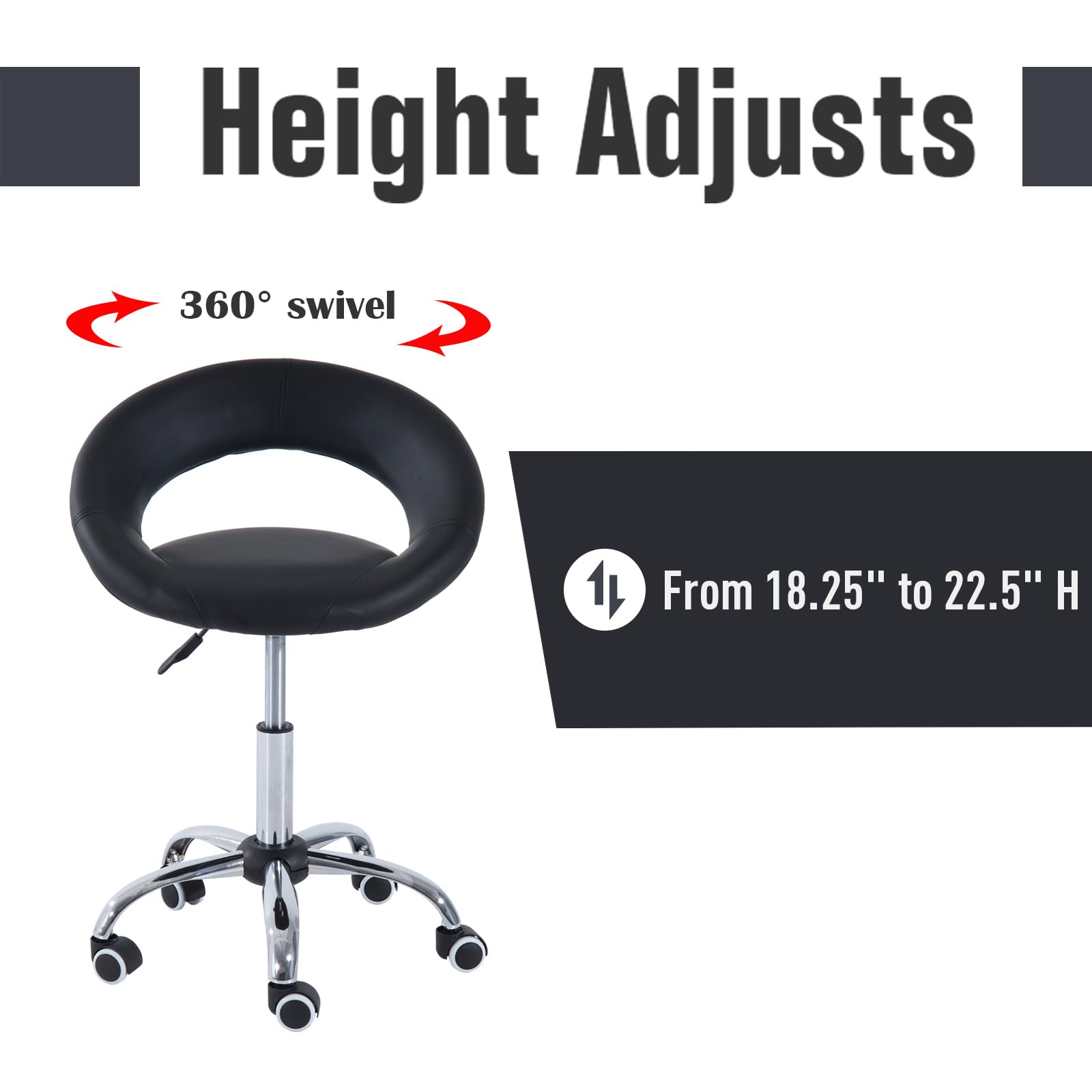 HOMCOM Crescent Rolling Salon Stool, Adjustable Height, Black