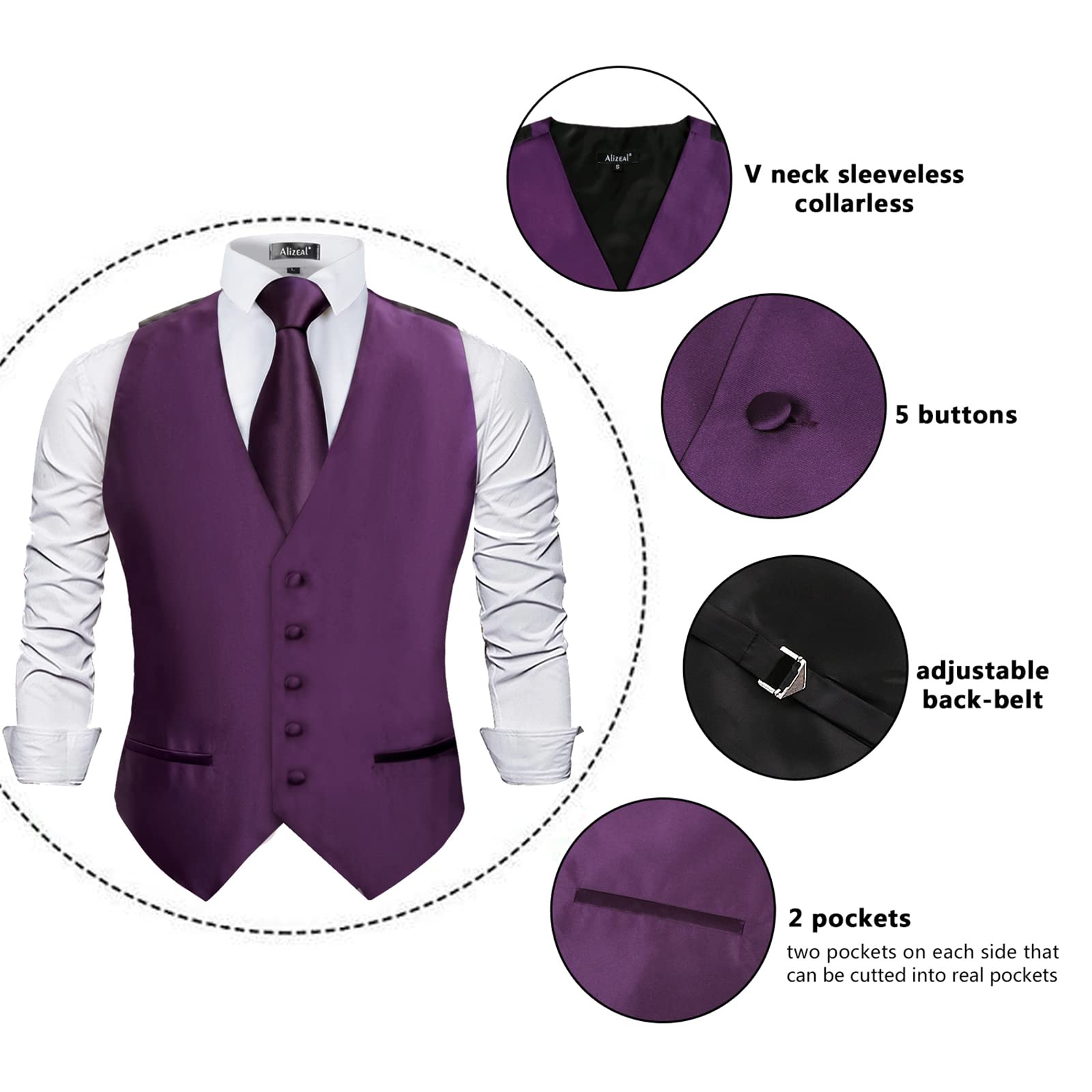 Alizeal Mens Classic 5Pcs Tinta unita Satin Suit Vest Set