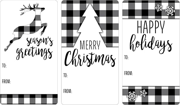 Black and White Plaid Christmas Gift Tags, 3 Designs, 42 Count | 2.5" x 1.25" Peel and Stick Labels, To and From Format, Buffalo Plaid Holiday Gift Wrap