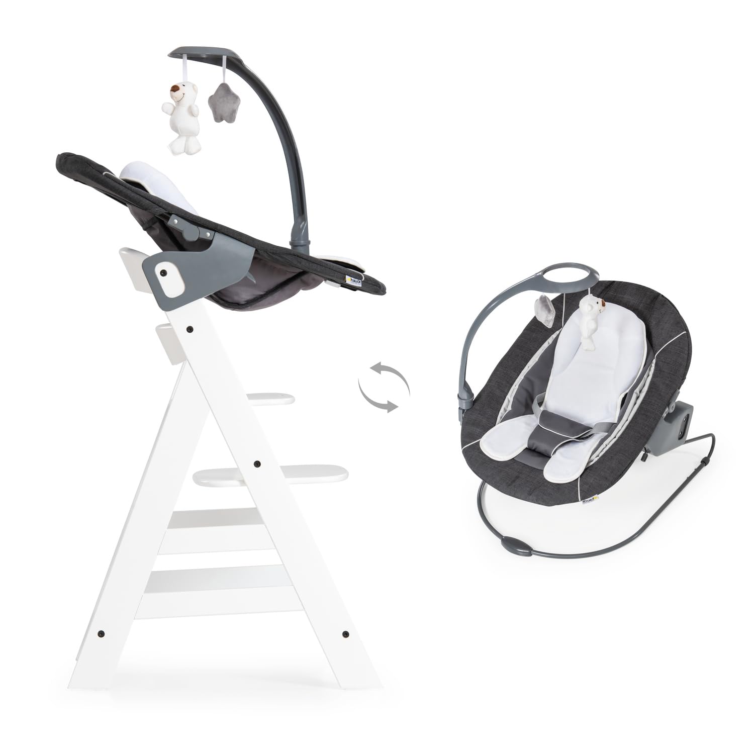 hauck Alpha Bouncer Deluxe 2 en 1 Hamaca Trona Evolutiva, Grey | Compatible con Alpha+ y Beta+, para recién nacidos hasta 9 kg, con arco de juegos, reductor de asiento y función de balanceo