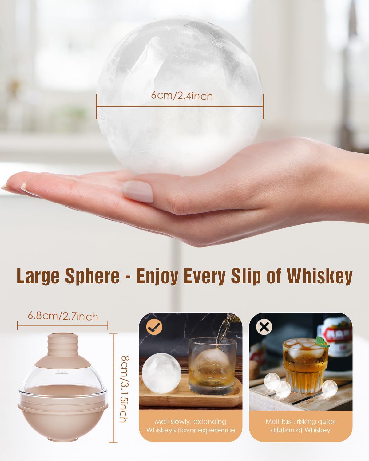 Moldes grandes para bolas de hielo para whisky y cócteles con tapa de embudo, bandejas de cubitos de hielo de esfera grande para bebidas, bourbon y vino, máquina de hielo redonda de silicona para 5