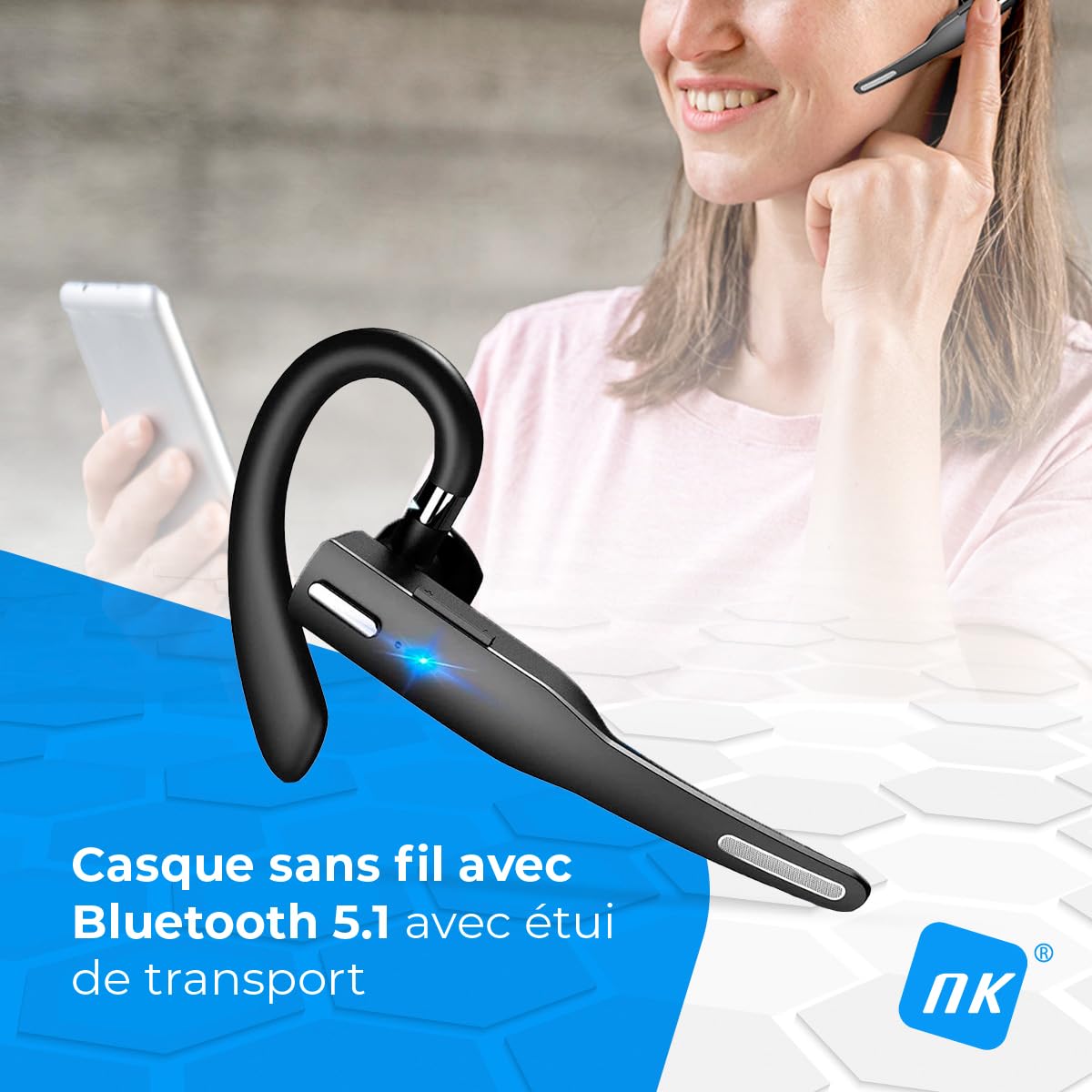 NK Casque d'écoute sans Fil avec Bluetooth 5.0 - Casque d'écoute avec kit Mains Libres, Microphone, Capture de la Voix Claire, Batterie de 100 mAh, étui de Transport Inclus - Iphone & Android