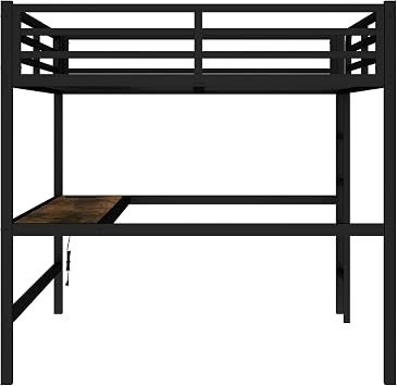 Queen Loft Bed with Desk, Metal Loft Bed Frame with Ladder, Power Outlet and LED Lighted, No Spring Box Needed, Space-Saving, Noise Reduced (Black, Queen)