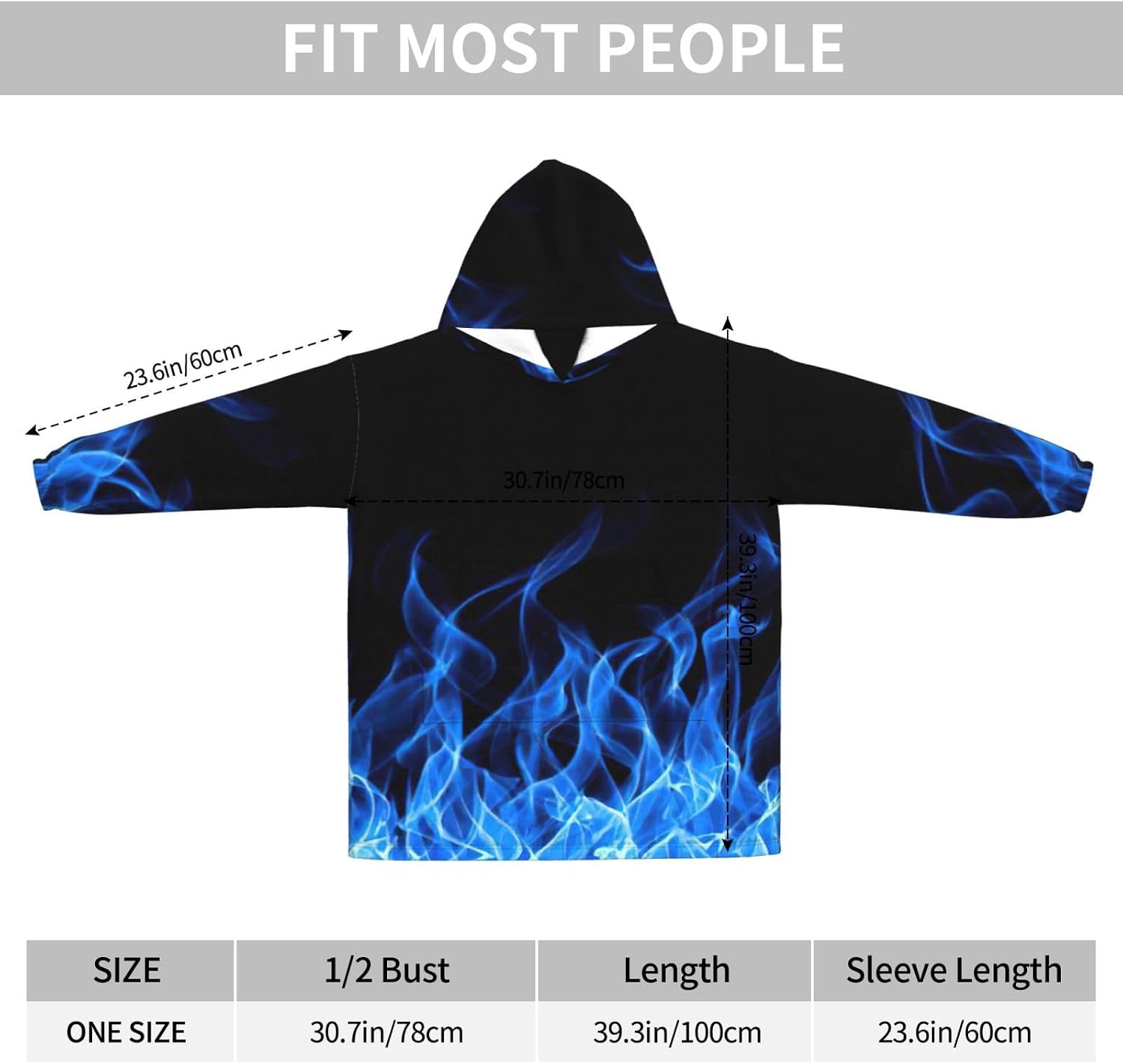 Blue Flameprint Oversized Hoodie Blanket, Super Soft Warm Comfortable Hoodie, Wearable Blanket Adult